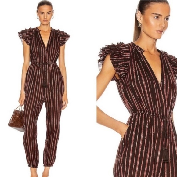 Ulla Johnson Gauzy Elio Metallic Copper Stripe Brown Short Sleeve Jumpsuit Sz 0 - Picture 1 of 10